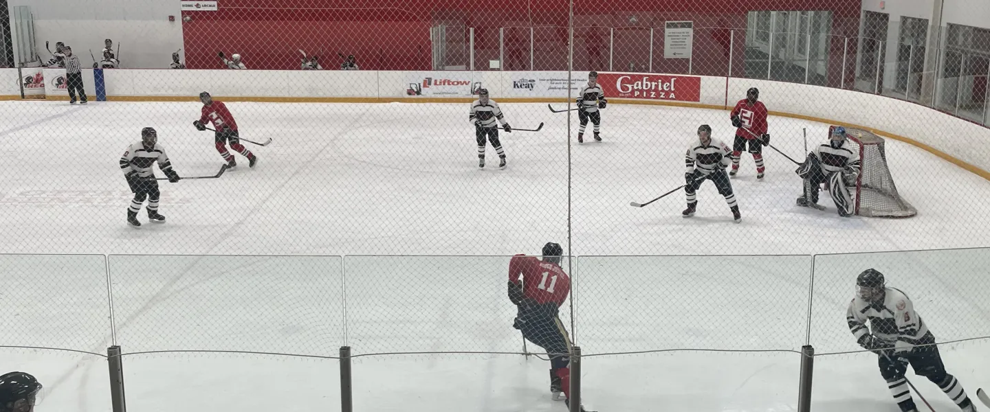 Two hockey teams playing on the ice