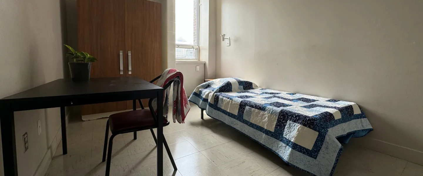 Bedroom with twin bed, desk, chair, plant, and dresser