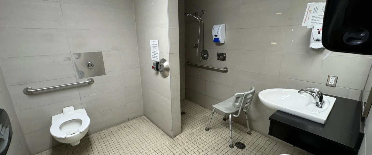 Accessible bathroom with toilet, sink, shower